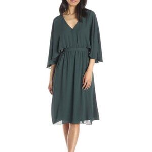 BCBGMaxAzria Brittni Chiffon Cape Dress Forest Green XS Split Back Wedding Guest